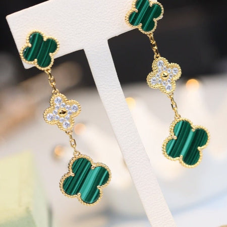 [CLOVER JEWELRY]CLOVER EARRINGS GOLD MALACHITE DIAMOND 3 MOTIF