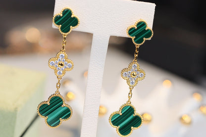 [CLOVER JEWELRY]CLOVER EARRINGS GOLD MALACHITE DIAMOND 3 MOTIF