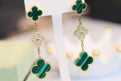 [CLOVER JEWELRY]CLOVER EARRINGS GOLD MALACHITE DIAMOND 3 MOTIF
