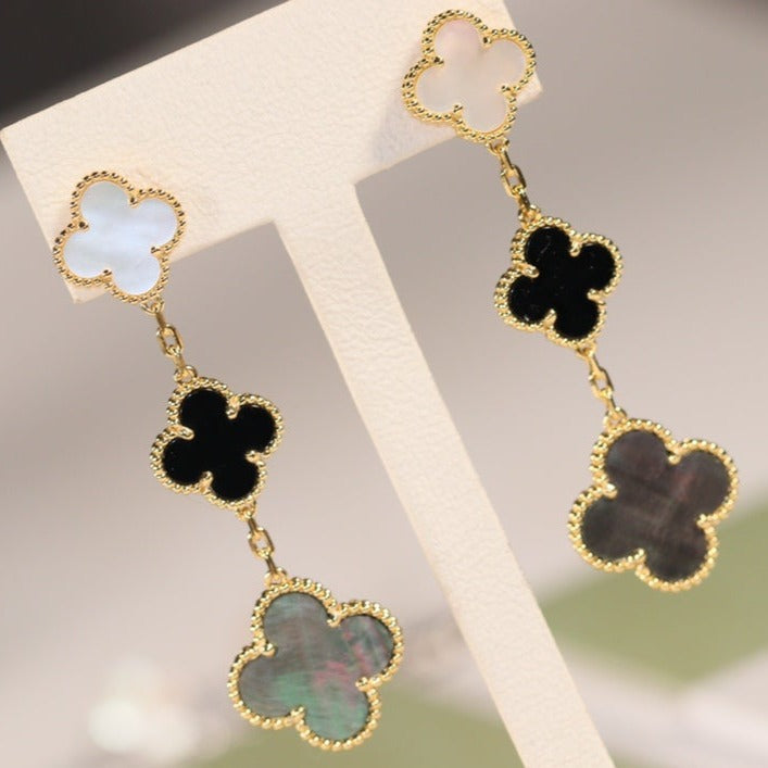 [CLOVER JEWELRY]CLOVER EARRINGS GOLD ONYX MOP 3 MOTIF