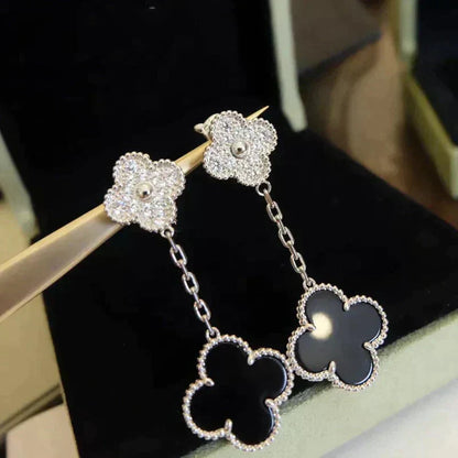 [CLOVER JEWELRY]CLOVER 2 MOTIFS  DIAMOND ONYX EARRINGS SILVER
