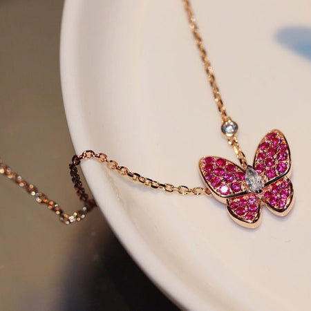 [CLOVER JEWELRY]BUTTERFLY RED DIAMOND ROSE GOLD NECKLACE