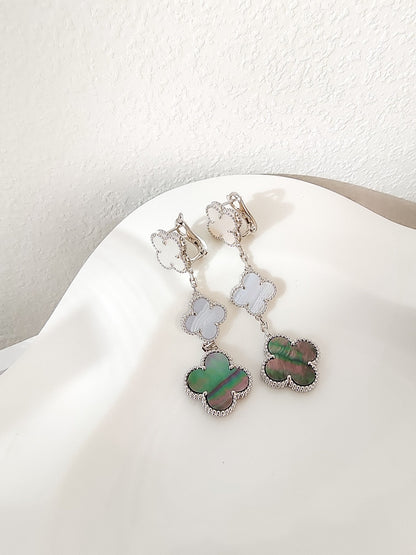 [CLOVER JEWELRY]CLOVER 3 MOTIFS CHALCEDONY DARK MOP SILVER EARRINGS