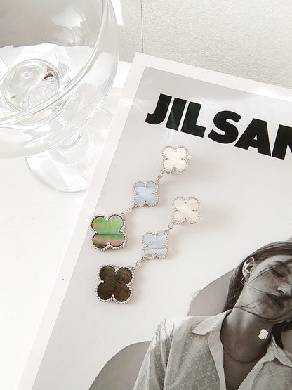 [CLOVER JEWELRY]CLOVER 3 MOTIFS CHALCEDONY DARK MOP SILVER EARRINGS