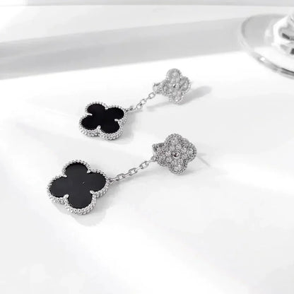 [CLOVER JEWELRY]CLOVER 2 MOTIFS  DIAMOND ONYX EARRINGS SILVER