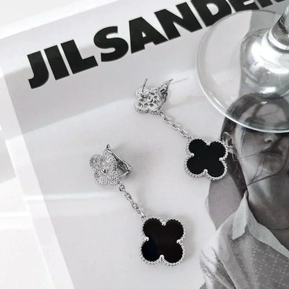 [CLOVER JEWELRY]CLOVER 2 MOTIFS  DIAMOND ONYX EARRINGS SILVER