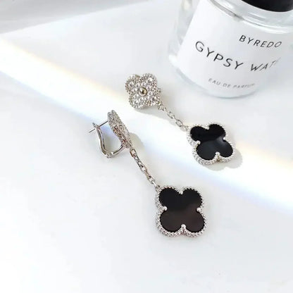 [CLOVER JEWELRY]CLOVER 2 MOTIFS  DIAMOND ONYX EARRINGS SILVER