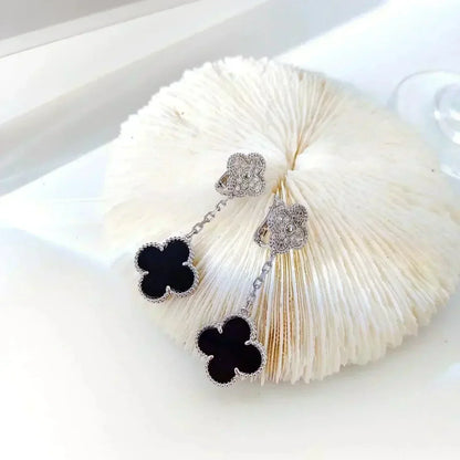 [CLOVER JEWELRY]CLOVER 2 MOTIFS  DIAMOND ONYX EARRINGS SILVER