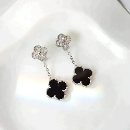 [CLOVER JEWELRY]CLOVER 2 MOTIFS  DIAMOND ONYX EARRINGS SILVER