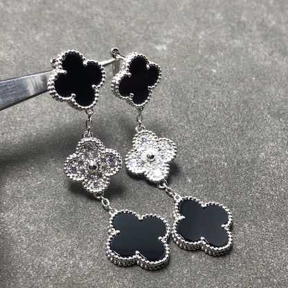[CLOVER JEWELRY]CLOVER 3 MOTIF DIAMOND ONYX SILVER EARRINGS