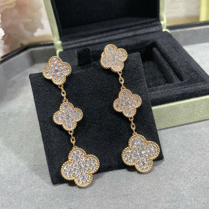 [CLOVER JEWELRY]CLOVER 3 MOTIFS DIAMOND PAVED ROSE GOLD EARRINGS