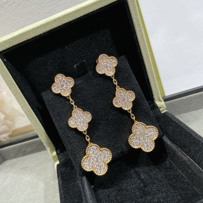 [CLOVER JEWELRY]CLOVER 3 MOTIFS DIAMOND PAVED ROSE GOLD EARRINGS