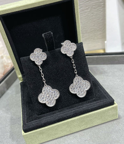 [CLOVER JEWELRY]CLOVER 2 MOTIFS DIAMOND PAVED SILVER EARRINGS