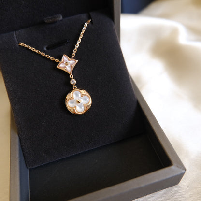[Clover Jewelry]STAR AND SUN WHITE MOP 2 MOTIF PINK GOLD NECKLACE