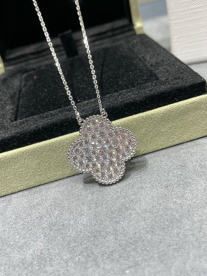 [CLOVER JEWELRY]CLOVER 25MM LARGE PENDANT DIAMOND PAVED SILVER NECKLACE