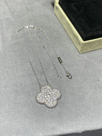 [CLOVER JEWELRY]CLOVER 25MM LARGE PENDANT DIAMOND PAVED SILVER NECKLACE