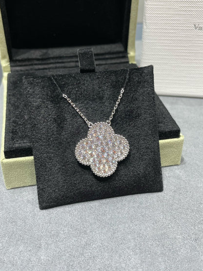 [CLOVER JEWELRY]CLOVER 25MM LARGE PENDANT DIAMOND PAVED SILVER NECKLACE