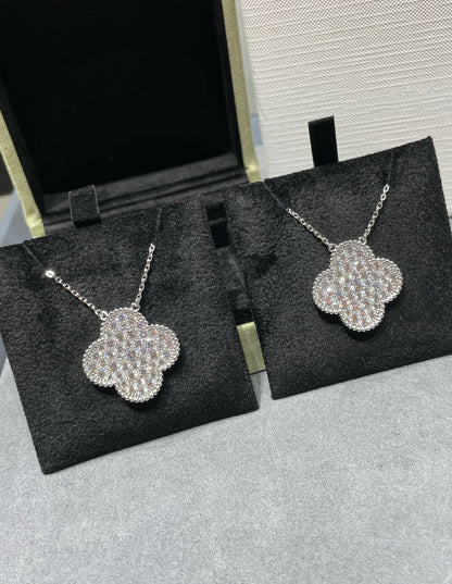[CLOVER JEWELRY]CLOVER 25MM LARGE PENDANT DIAMOND PAVED SILVER NECKLACE