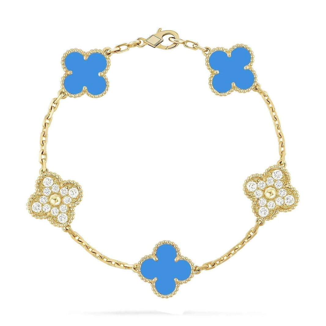 [CLOVER JEWELRY]CLOVER 5 MOTIF BLUE CHALCEDONY DIAMOND GOLD BRACELET