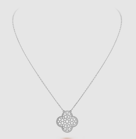 [CLOVER JEWELRY]CLOVER 25MM LARGE PENDANT DIAMOND PAVED SILVER NECKLACE