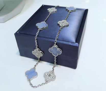 [CLOVER JEWELRY]CLOVER 10 MOTIFS CHALCEDONY DIAMONDS SILVER NECKLACE